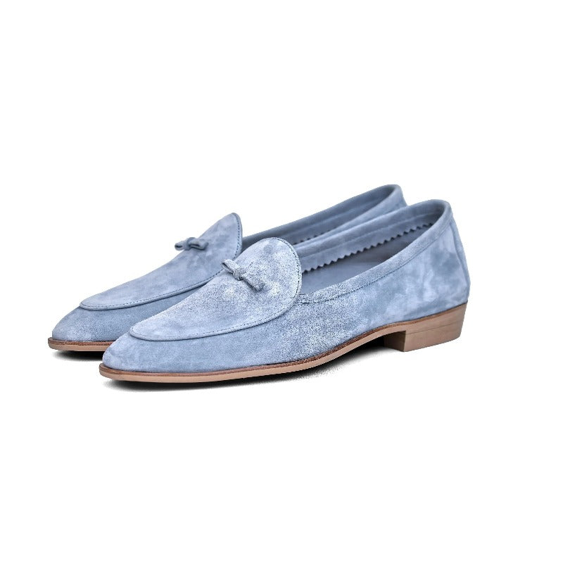 Lunepebbla sand suede tassel loafers with cedar shoe trees showing unstructured silhouette