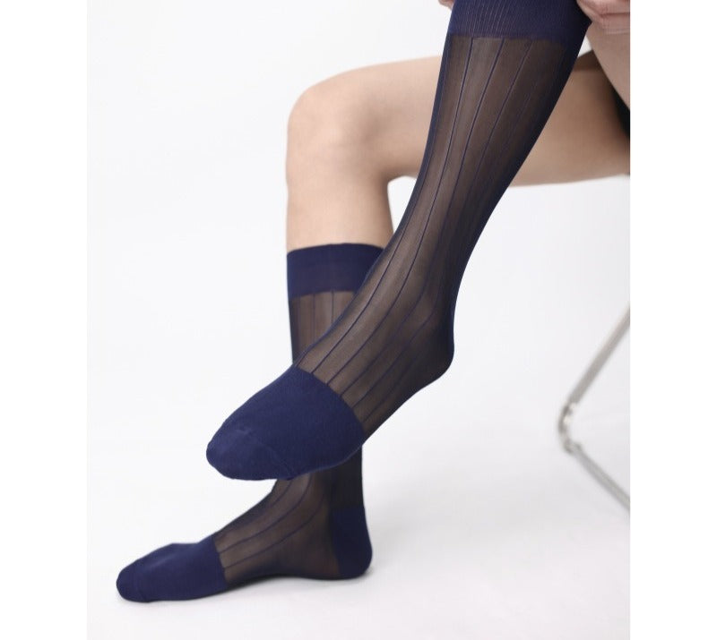 Lunepebbla ribbed sheer black nylon dress socks with contrast detail showing rib texture