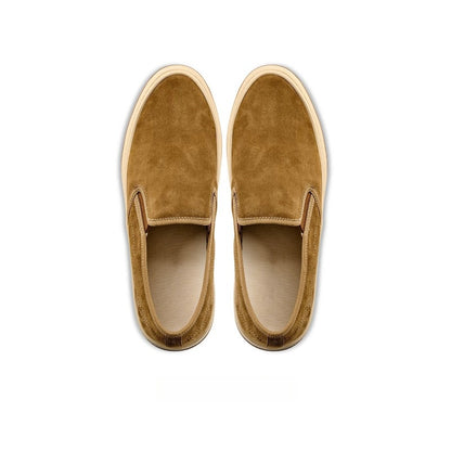 Lunepebbla Brown — handmade suede slip-on sneakers for men, gum sole casual shoes styling detail
