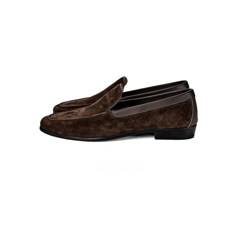Lunepebbla Tan — handmade suede Venetian loafers for men, slip-on dress shoes styling detail