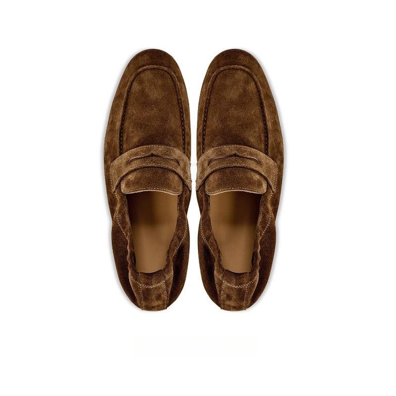 Lunepebbla Brown — handmade suede penny loafers for men, slip-on dress shoes sole view