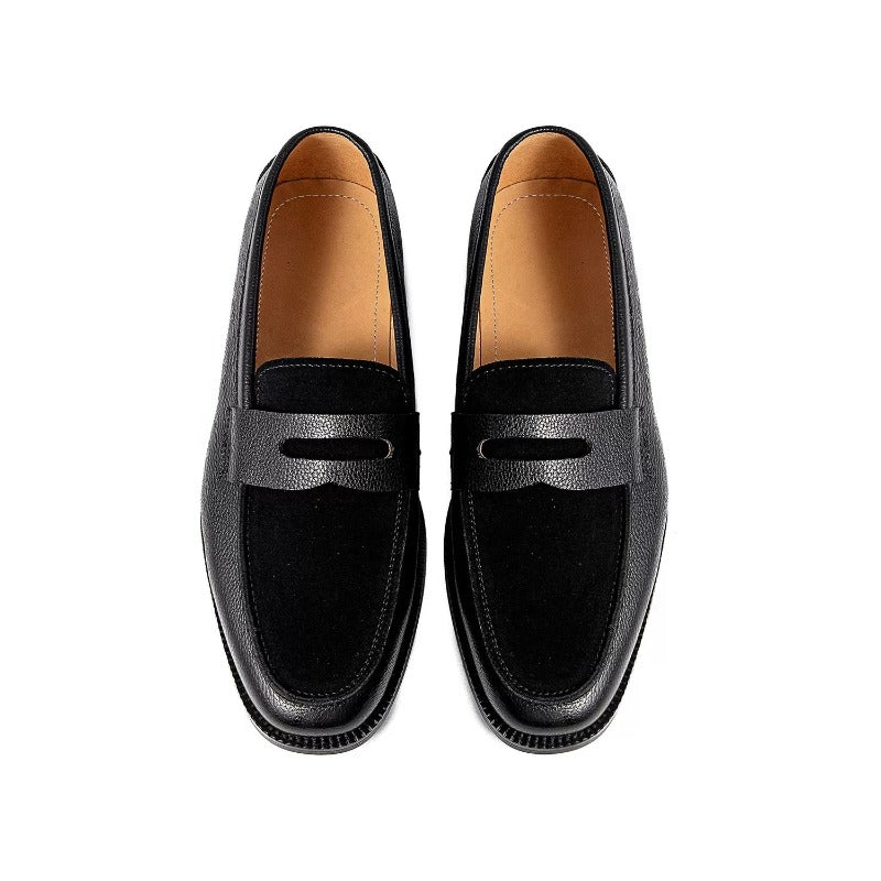 Lunepebbla dual-texture penny loafers sole view showing rubber outsole and Blake stitch