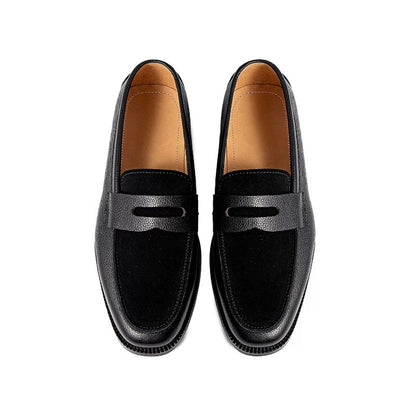Lunepebbla dual-texture penny loafers sole view showing rubber outsole and Blake stitch