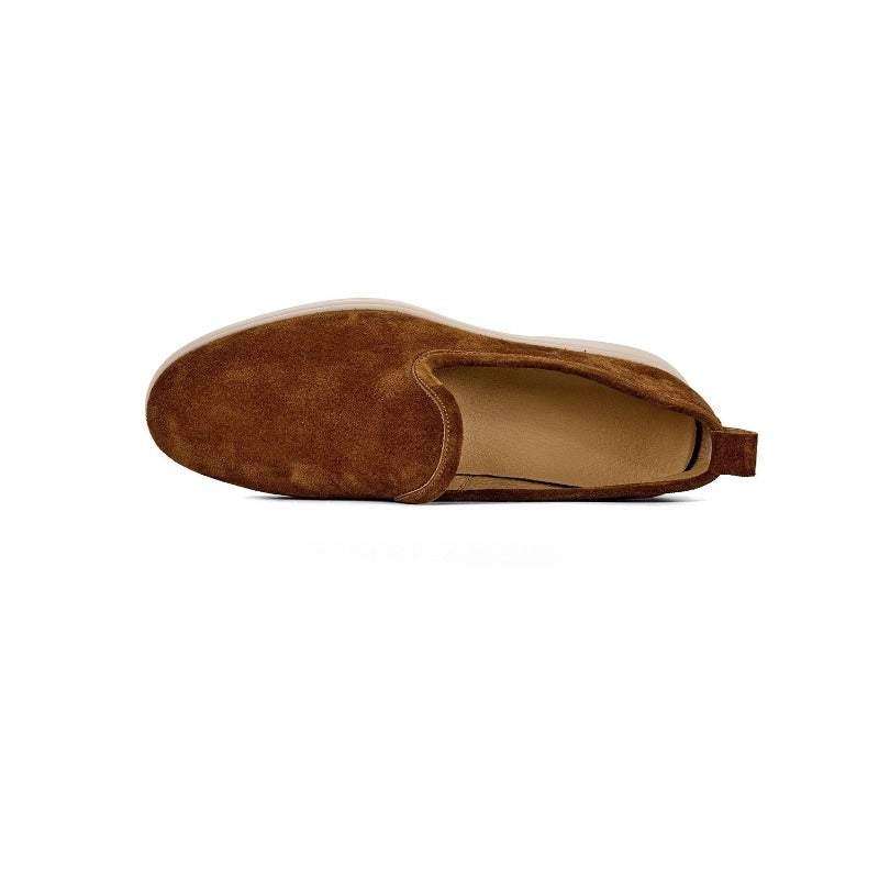 Lunepebbla Tan — handmade suede loafers white sole, summer slip-on shoes for men three quarter angle
