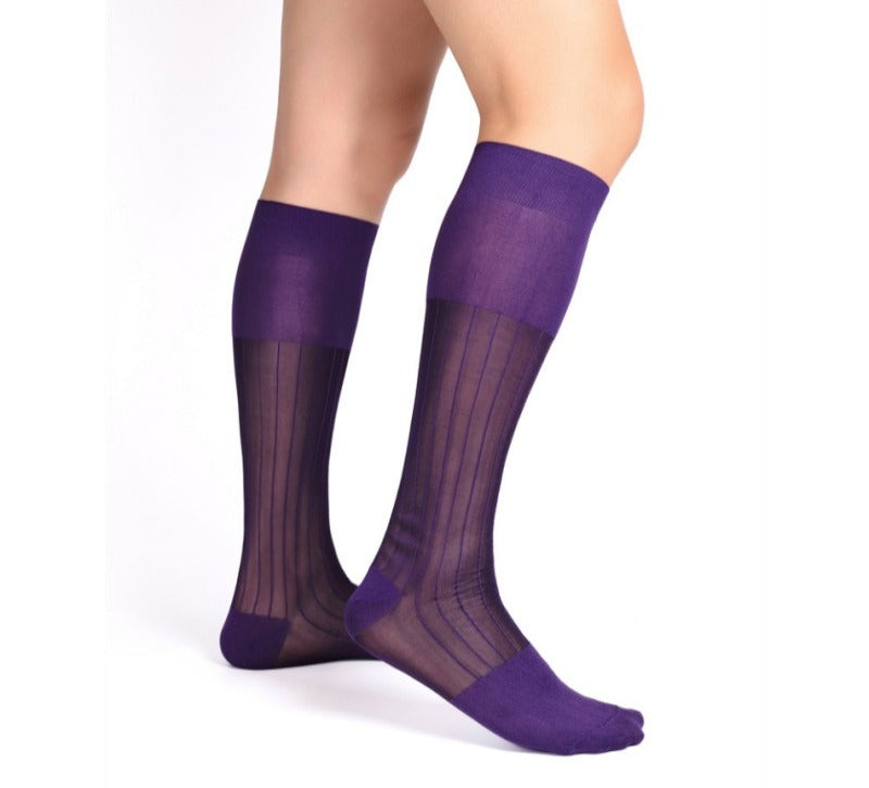 Lunepebbla ribbed sheer dress socks worn with tailored trousers showing vertical rib detail
