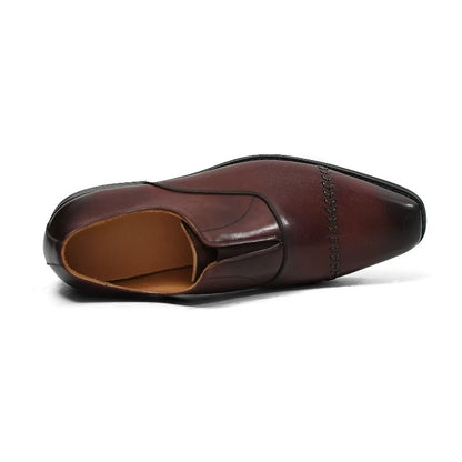 Handmade Brown Leather Laceless Cap-Toe Oxfords for Men