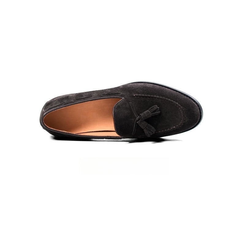 Lunepebbla two high-lustre suede tassel loafers in tobacco and black with tonal tassels