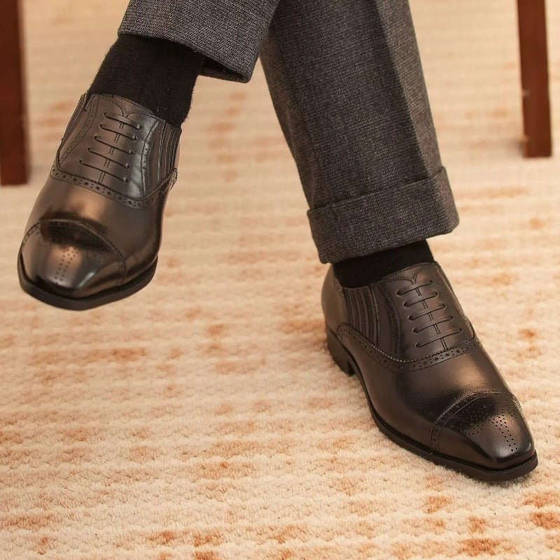 Handmade Black Cap-Toe Oxford Brogue Shoes for Men