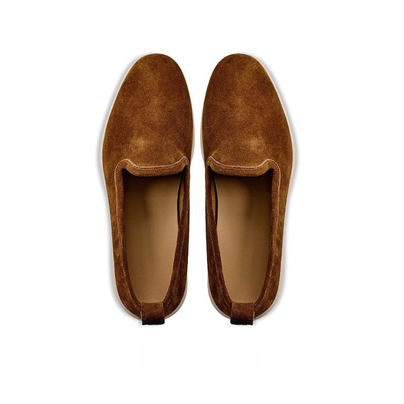 Lunepebbla Tan — handmade suede loafers white sole, summer slip-on shoes for men close up detail