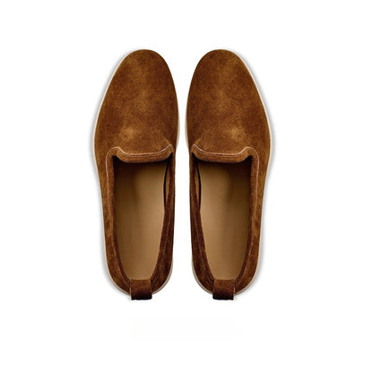 Lunepebbla Tan — handmade suede loafers white sole, summer slip-on shoes for men close up detail