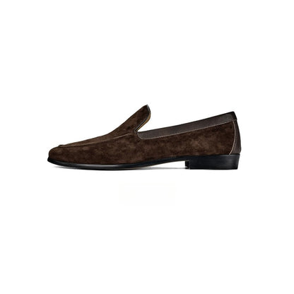 Lunepebbla Tan — handmade suede Venetian loafers for men, slip-on dress shoes detail view