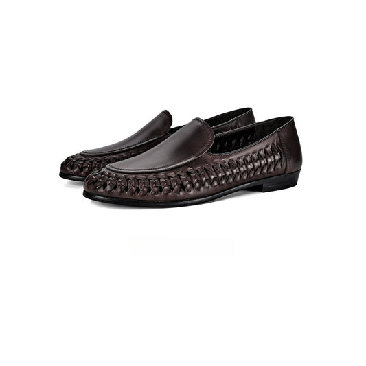 Lunepebbla Black — handmade woven leather loafers for men, braided slip-on shoes front view pair