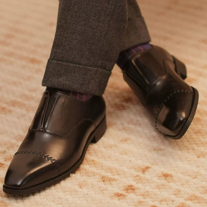 Handmade Black Leather Laceless Cap-Toe Oxfords for Men