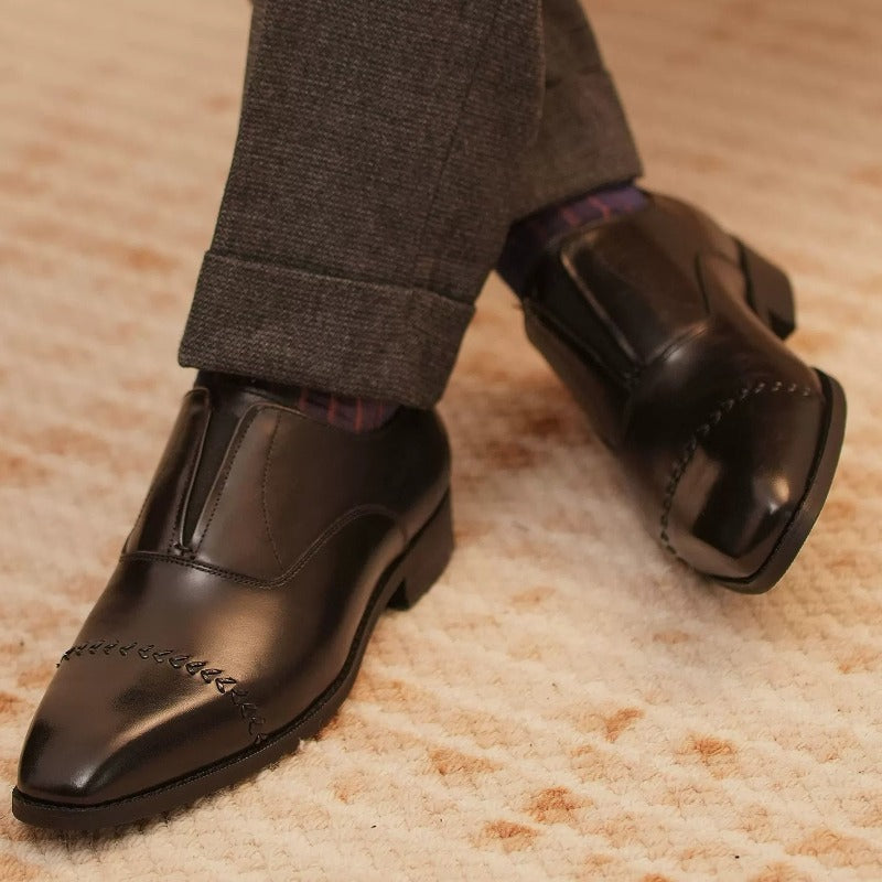 Handmade Black Leather Laceless Cap-Toe Oxfords for Men