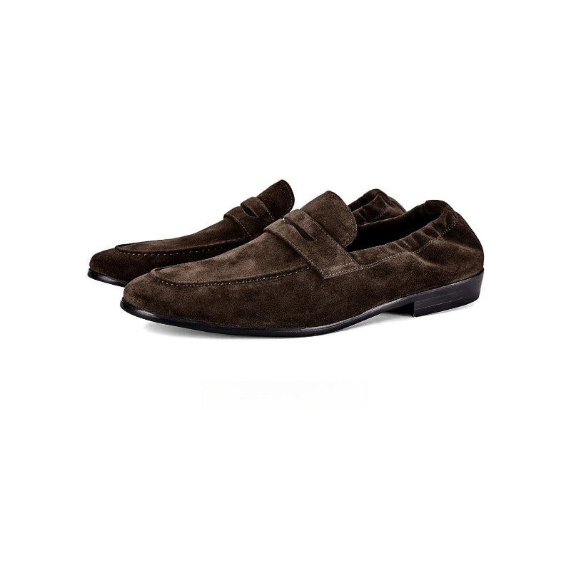 Lunepebbla Dark Brown — handmade suede penny loafers for men, slip-on dress shoes front view pair
