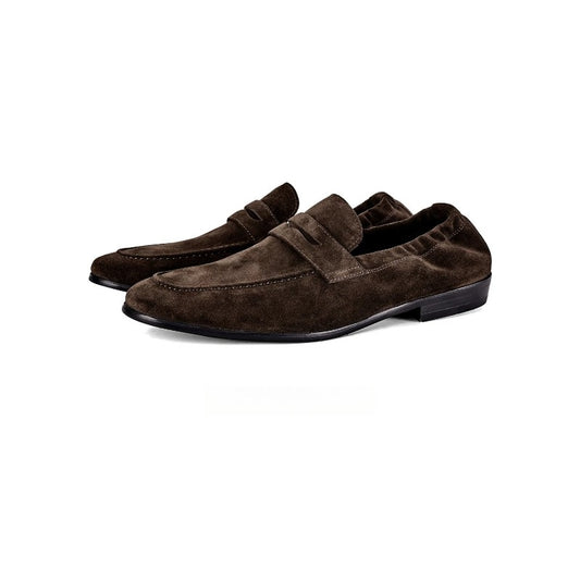 Lunepebbla Dark Brown — handmade suede penny loafers for men, slip-on dress shoes front view pair