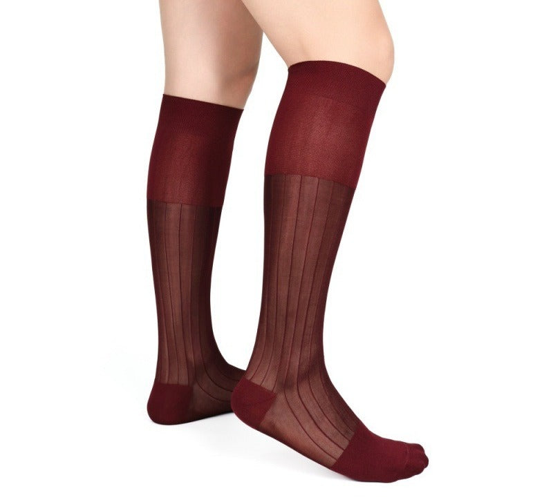 Lunepebbla ribbed sheer dress socks close-up showing rib texture and tonal opaque construction