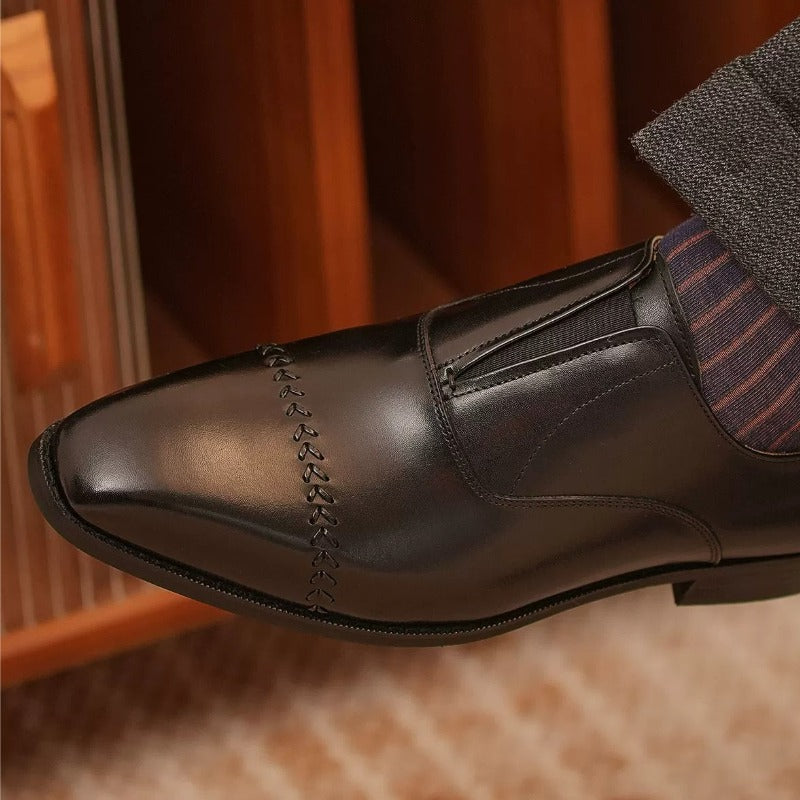 Handmade Black Leather Laceless Cap-Toe Oxfords for Men