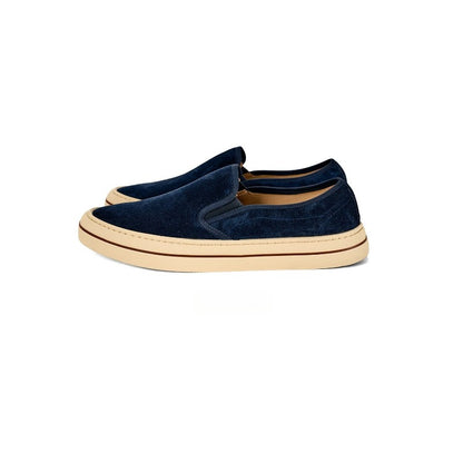 Lunepebbla Brown — handmade suede slip-on sneakers for men, gum sole casual shoes detail view