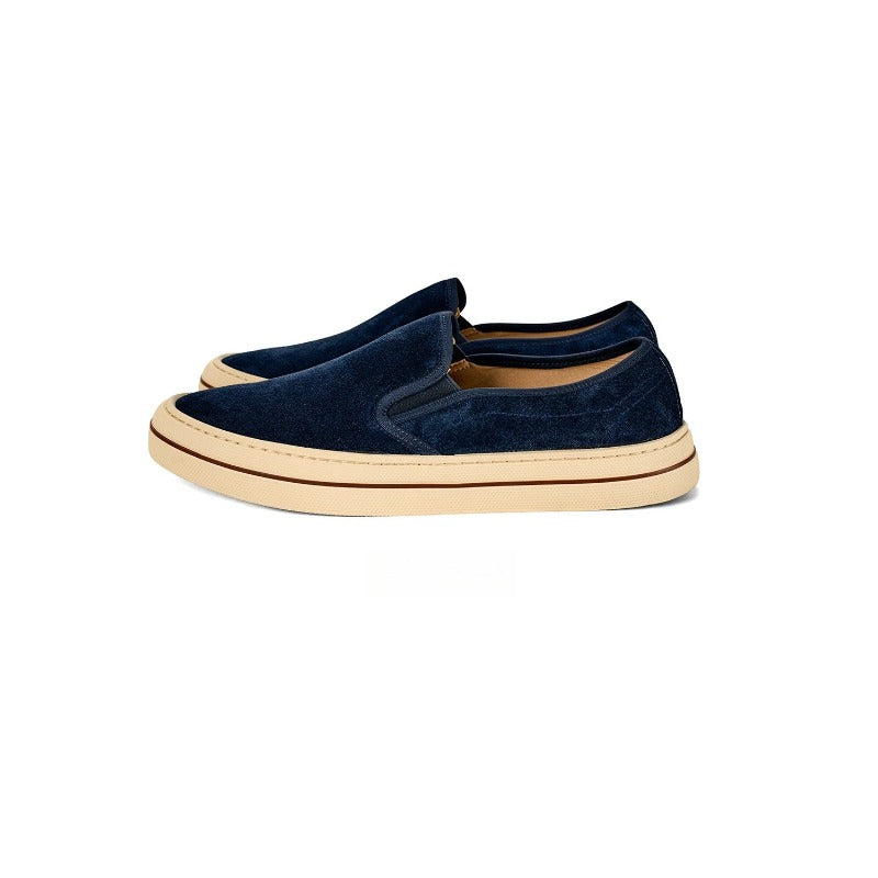 Lunepebbla Brown — handmade suede slip-on sneakers for men, gum sole casual shoes detail view