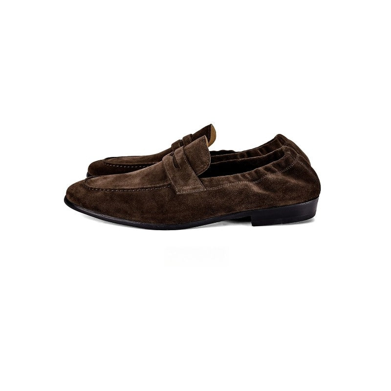 Lunepebbla Dark Brown — handmade suede penny loafers for men, slip-on dress shoes side profile