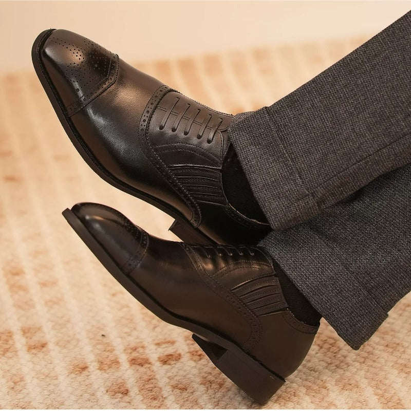 Handmade Black Cap-Toe Oxford Brogue Shoes for Men