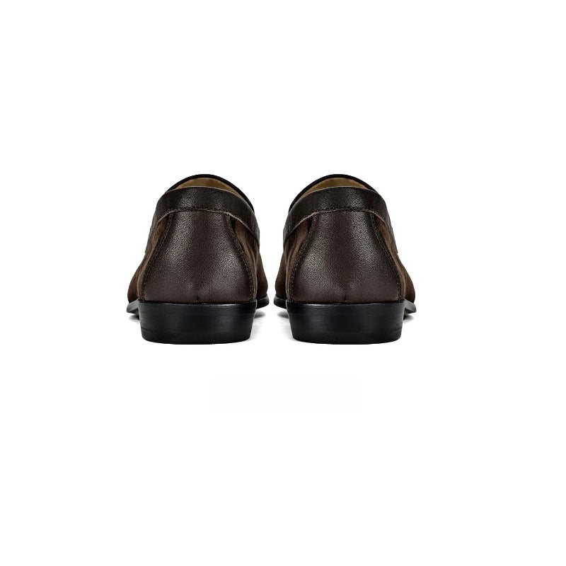 Lunepebbla Tan — handmade suede Venetian loafers for men, slip-on dress shoes detail view
