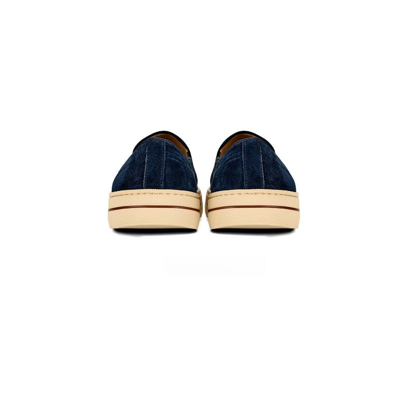 Lunepebbla Brown — handmade suede slip-on sneakers for men, gum sole casual shoes detail view