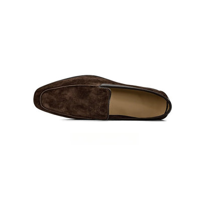 Lunepebbla Tan — handmade suede Venetian loafers for men, slip-on dress shoes detail view
