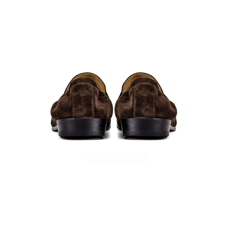 Lunepebbla Dark Brown — handmade suede penny loafers for men, slip-on dress shoes top down view