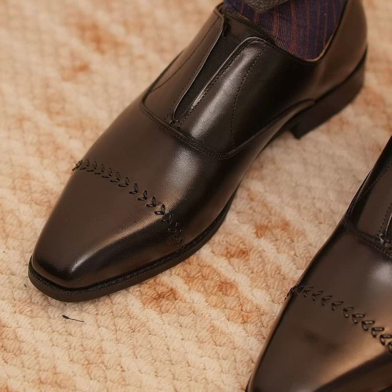 Handmade Black Leather Laceless Cap-Toe Oxfords for Men