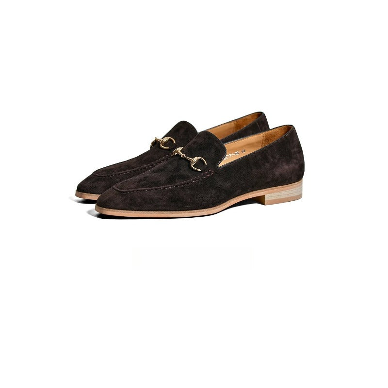 Lunepebbla suede horsebit loafers sole view showing combination rubber outsole and Blake stitch