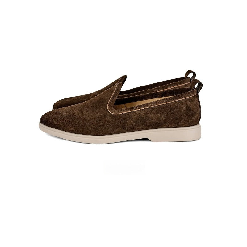 Lunepebbla Dark Brown — handmade suede loafers white sole, summer slip-on shoes for men top down view