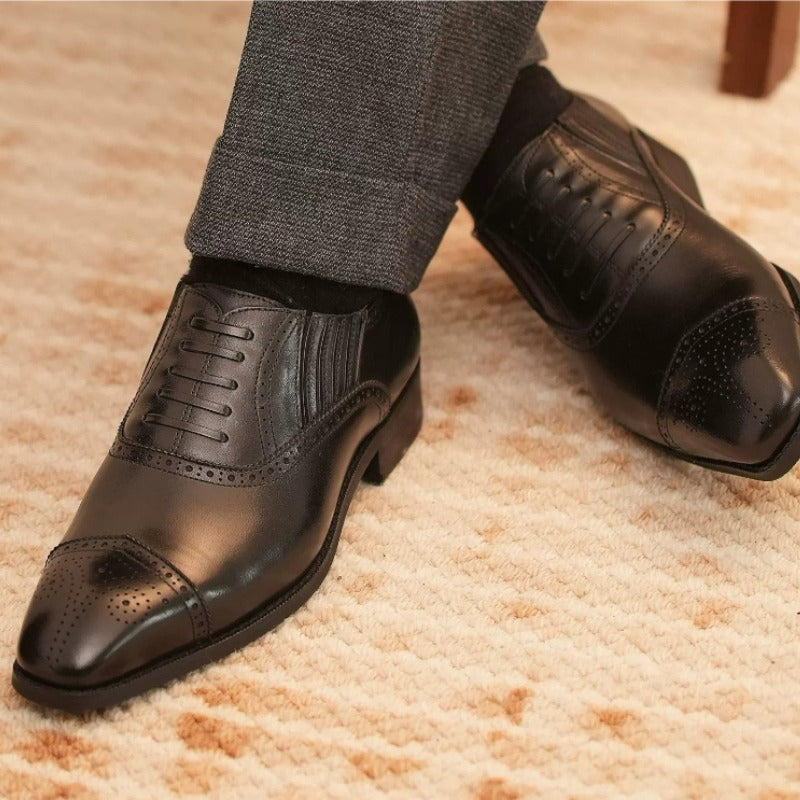 Handmade Black Cap-Toe Oxford Brogue Shoes for Men