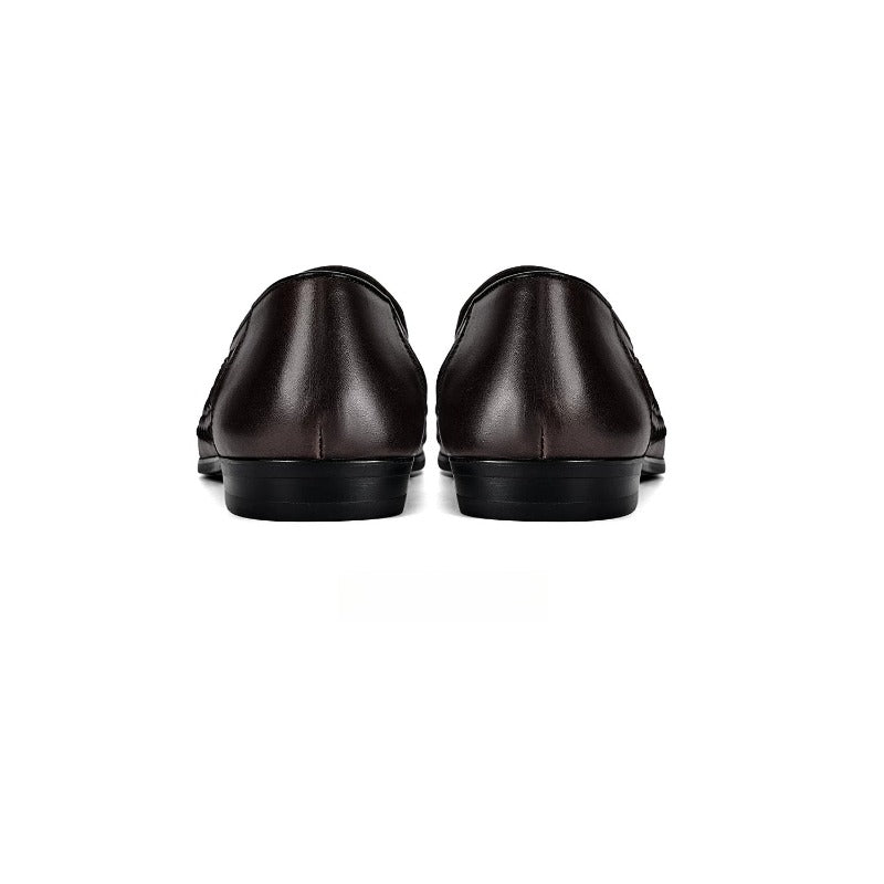 Lunepebbla Black — handmade woven leather loafers for men, braided slip-on shoes top down view