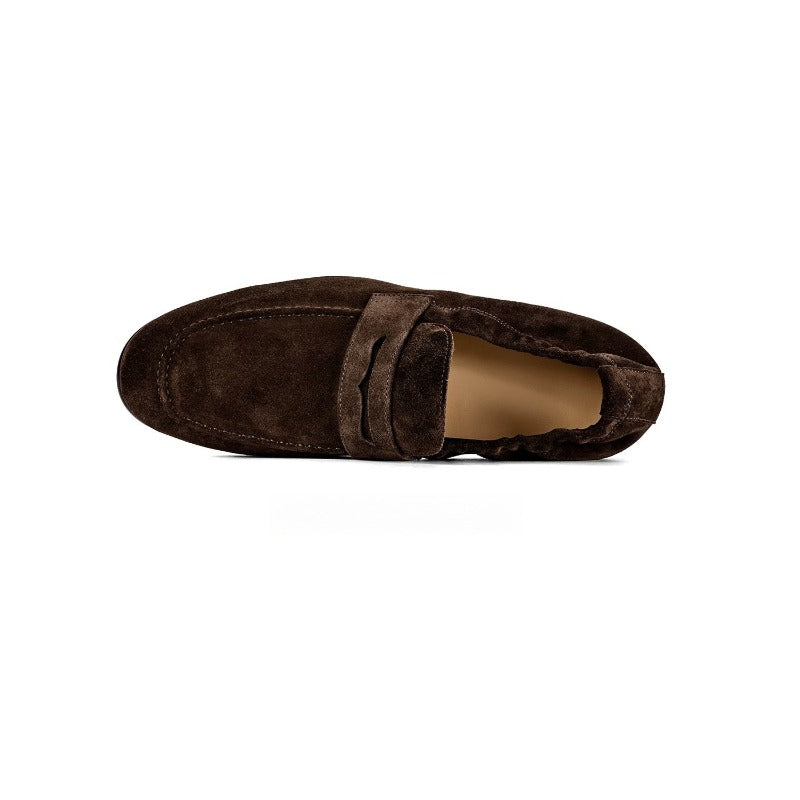 Lunepebbla Dark Brown — handmade suede penny loafers for men, slip-on dress shoes back heel view