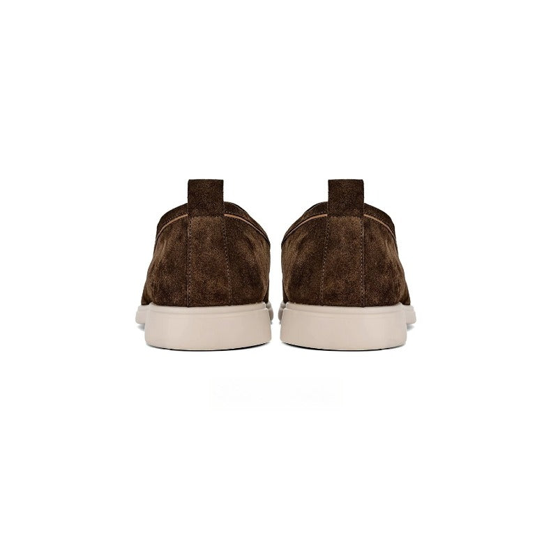 Lunepebbla Dark Brown — handmade suede loafers white sole, summer slip-on shoes for men interior leather lining detail