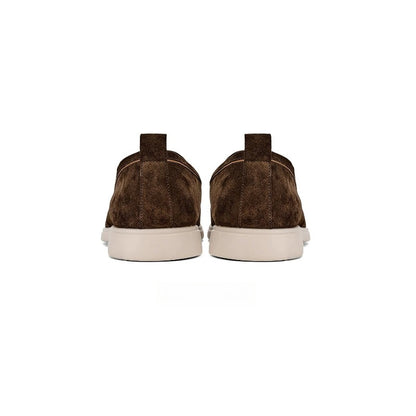 Lunepebbla Dark Brown — handmade suede loafers white sole, summer slip-on shoes for men interior leather lining detail