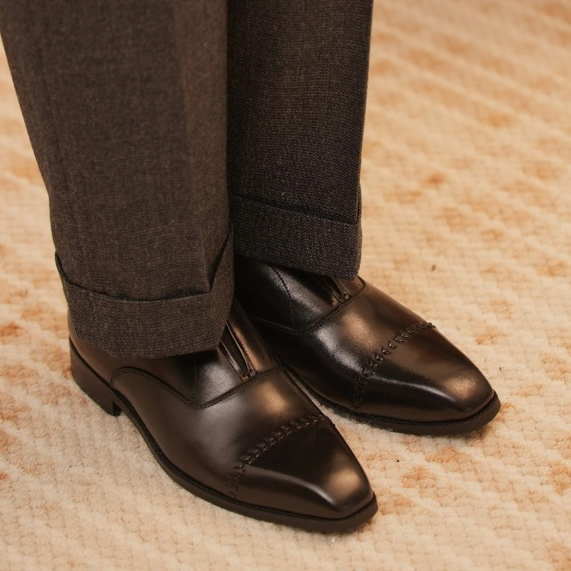 Handmade Black Leather Laceless Cap-Toe Oxfords for Men