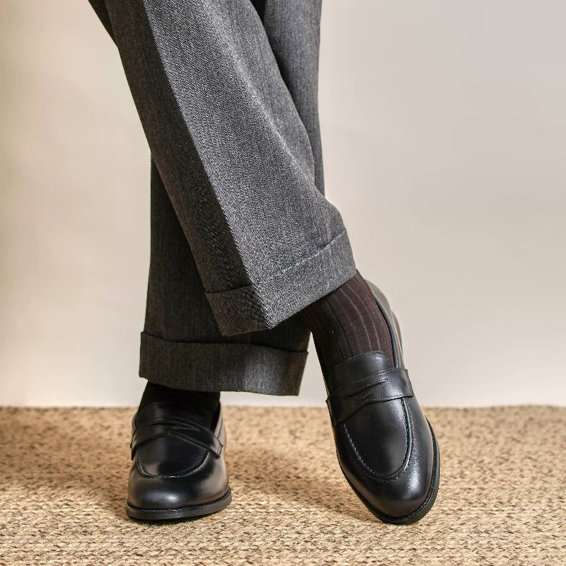 Lunepebbla waxed calfskin penny loafers worn with casual outfit showing versatile styling