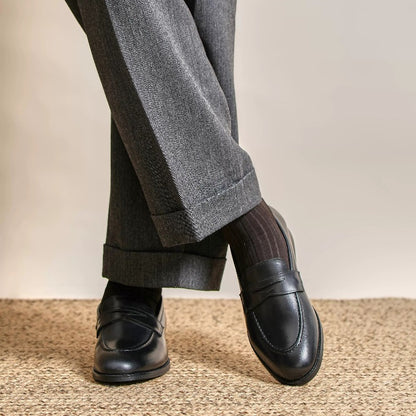 Lunepebbla waxed calfskin penny loafers worn with casual outfit showing versatile styling