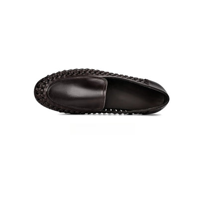Lunepebbla Black — handmade woven leather loafers for men, braided slip-on shoes back heel view