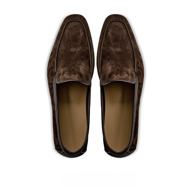 Lunepebbla Tan — handmade suede Venetian loafers for men, slip-on dress shoes detail view