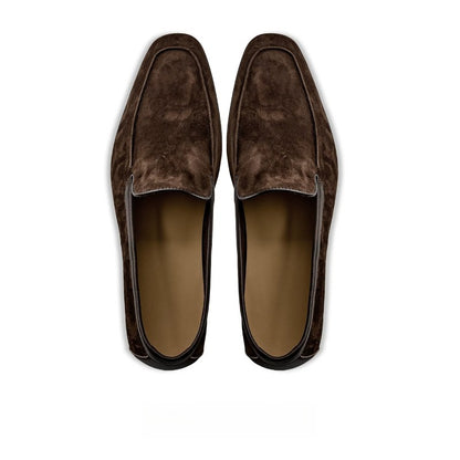Lunepebbla Tan — handmade suede Venetian loafers for men, slip-on dress shoes detail view