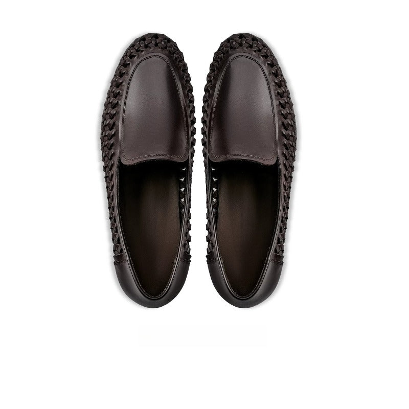 Lunepebbla Black — handmade woven leather loafers for men, braided slip-on shoes sole view