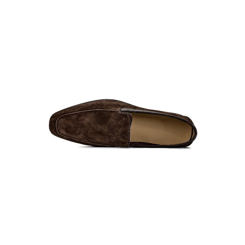 Lunepebbla Tan — handmade suede Venetian loafers for men, slip-on dress shoes detail view