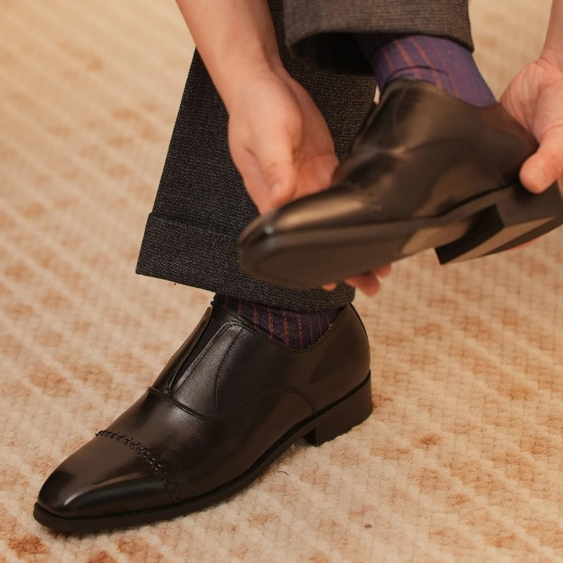 Handmade Black Leather Laceless Cap-Toe Oxfords for Men