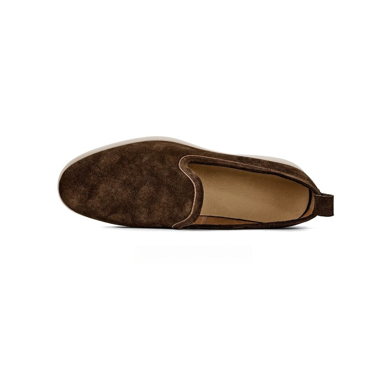 Lunepebbla Dark Brown — handmade suede loafers white sole, summer slip-on shoes for men back heel view