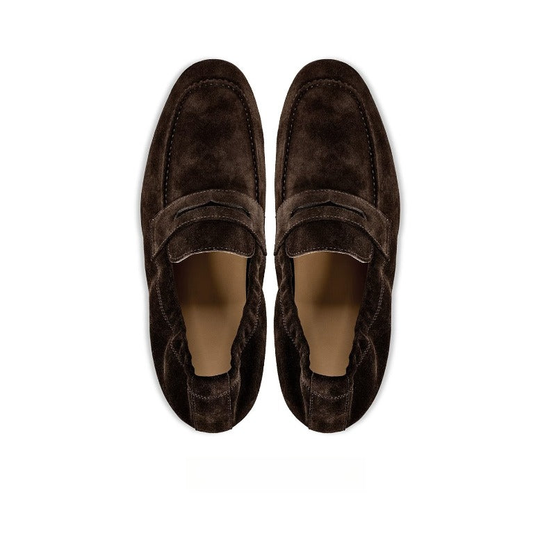 Lunepebbla Dark Brown — handmade suede penny loafers for men, slip-on dress shoes sole view