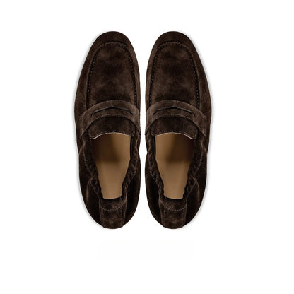 Lunepebbla Dark Brown — handmade suede penny loafers for men, slip-on dress shoes sole view